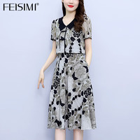 FEISIMI轻奢品牌2024夏季连衣裙女士女装衣服夏天气质女神范雪纺裙子 云雾灰 L