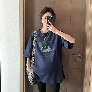 十月妈咪T恤夏季韩版中长款印花圆领宽松短袖上衣 藏青 均码