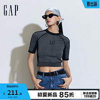 Gap女装2024夏季一体织logo撞色拼接短款短袖T恤上衣890007 黑灰色 165/84A(M)亚洲尺码