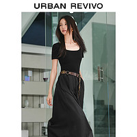 URBAN REVIVO UR2024夏季女装简约拼接梭织修身长款A型连衣裙UWG740038 正黑 L