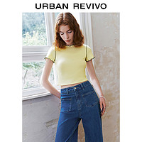URBAN REVIVO 女士甜美撞色木耳边修身正肩短袖T恤 UWU440054 米黄 L