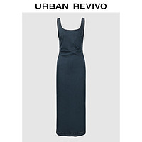 URBAN REVIVO 夏季女时尚复古时髦收褶开衩牛仔连衣裙 UWJ840051 蓝色 XS