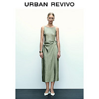 URBAN REVIVO 女士薄荷曼波肌理质感褶皱系带连衣裙 UWG740060 灰绿 M