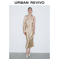 URBAN REVIVO 夏季女不对称设计感斜肩领飘带缎面连衣裙 UWG740076 粉卡其 XS