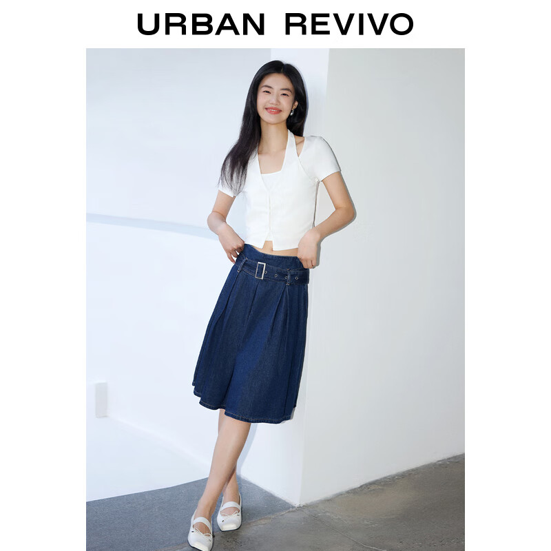 URBAN REVIVO 夏季女装时尚复古宽松百搭压褶牛仔半裙 UWU840048 蓝色 XXS