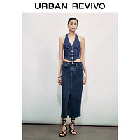 URBAN REVIVO 女士休闲百搭开衩直筒牛仔半身裙 UWG840152 蓝色 XS