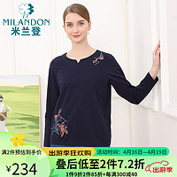 米兰登（MILANDON）2024春装中老年女装装圆领长袖针织t恤衫女休闲WP1T1110 藏兰 4XL