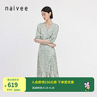 纳薇（naivee）24夏法式茶歇裙优雅蝴蝶兰碎花围裹式鱼尾连衣裙 蜜瓜绿 155/80A/S