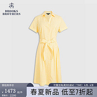 布克兄弟（BrooksBrothers）女士24春夏棉质翻领格纹收腰短袖连衣裙 B755-黄色 10