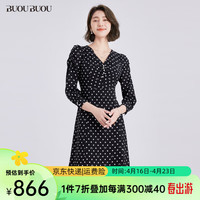 BUOUBUOU连衣裙女2024春夏法式复古波点V领拼接蕾丝显瘦A字 黑色B88 XXL