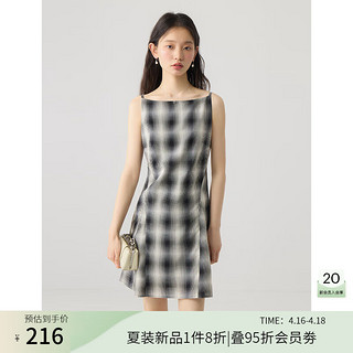 自巧小个子黑色格纹气质一字肩吊带连衣裙女2024夏季短款裙子 渐变格纹短款 3