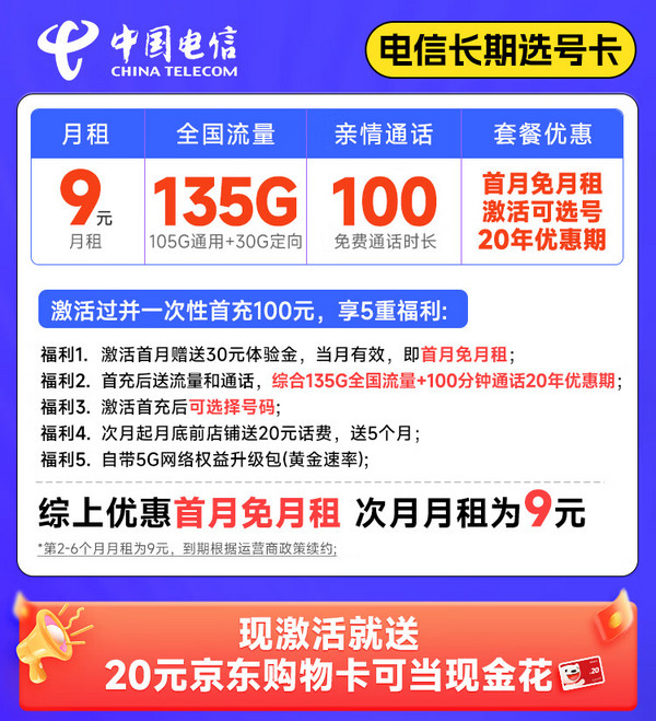 低费好用：CHINA TELECOM 中国电信 长期选号卡 半年9元月租（套餐20年不变+135G全国流量+100分钟通话）激活可自主选号~