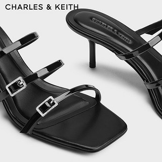 CHARLES&KEITH24夏季法式方头一字带高跟凉拖女CK1-60920373 Black Patent黑色 34