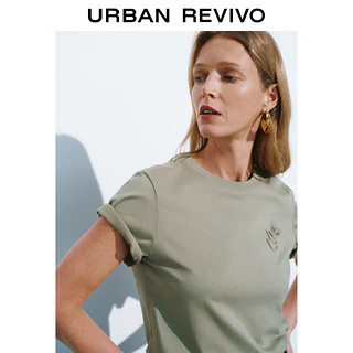 URBAN REVIVO 女士基础圆领刺绣短袖T恤衫 UWH440044 灰绿 XS