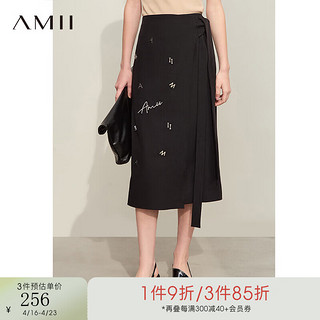 AMII2024春通勤风绑带搭片金属字母装饰刺绣半身裙女中长裙子12441007 黑色 165/72A/L