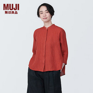 无印良品（MUJI）女式 麻 水洗 立领 七分袖罩衫女士汉麻衬衫衬衣夏季款 BC2JJA4S 红色条纹 XXL （170/96A）