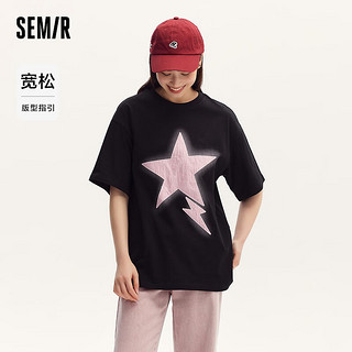 森马（Semir）森马短袖T恤女中长款设计感星星宽松上衣夏季个性印花套头衫甜酷 黑色90001 150/76A/XS