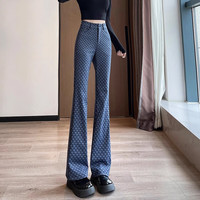 朵世界印花微喇裤女春秋2024高腰显瘦弹力美式复古气质牛仔喇叭裤子 蓝色 S(体重99斤以内)