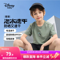 迪士尼童装女童速干运动防晒短袖套装2024夏装儿童套装宝宝两件套 灰军绿 110cm