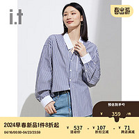 b+ab it 女装宽松翻领条纹衬衫2024夏季清爽时尚男友风衬衣 BLX/蓝色 M