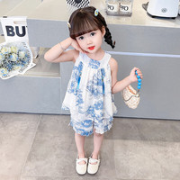 美绮棉儿童套装女童夏装女孩吊带水墨画衣服宝宝中国风背心裙两件套 小桥流水套 110码 3-4岁(身高105左右)