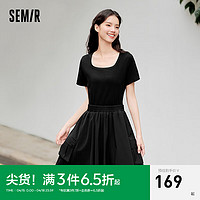 森马 Semir连衣裙女假两件盐系潮流百搭2024夏季方领修身短裙小个子 黑色90001 155/80A/S