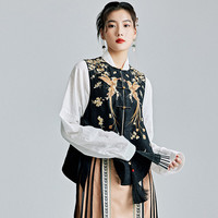 陌遇2024年春季中国风原创复古改良重工绣花黑色唐装马甲上衣 黑色 S