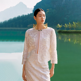 EP雅莹国风 盘扣新中式真丝欧根纱重工绣花外套女 2024春季1246A 白色 2/S