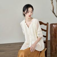 茵曼苎麻气质宽松衬衫2024夏季女装V领短袖上衣