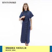 IIIVIVINIKO2024夏季“冈山蓝牛系列”衬衣式牛仔连衣裙女 中蓝 S
