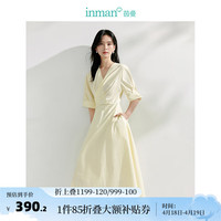 茵曼(INMAN)纯棉连衣裙2024夏季女装V领不规则设计短袖围裹式上衣 鹅黄色 L