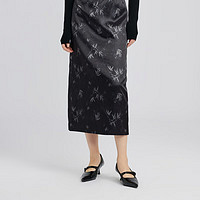 洛可可（ROCOCO）新中式黑色印花半身裙女春夏长款裙子薄款高腰A字裙 黑色 S