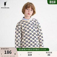 POLOWALK男童卫衣秋冬圆领大毛圈经典品牌字母满印刺绣logo点 浅卡其 110CM