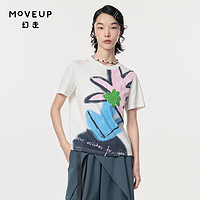 幻走（MOVEUP）2024春季.FUN系列圆领花卉印花设计纯棉短款T恤女 米白 S
