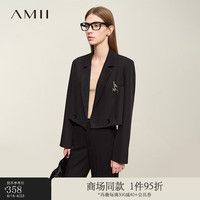 AMII2024春翻驳领金属字母装饰小宽肩短款西装女西服外套12441126 黑色 165/88A/L