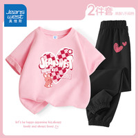 真维斯童装女童套装2024夏季儿童休闲运动服时髦中大童圆领夏装短袖上衣 粉/J爱心兔-黑/J小红心K 160