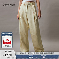 Calvin Klein Jeans24春夏女士舒适含亚麻调节腰带阔腿休闲裤J223325 LFU-豆汁黄 M