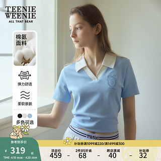 Teenie Weenie小熊2024年夏季撞色POLO短袖正肩T恤短款上衣女 浅蓝色 165/M