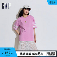 Gap女装2024夏季纯棉小熊logo撞色落肩短袖T恤宽松上衣873958 粉红色 155/76A(XS) 亚洲尺码