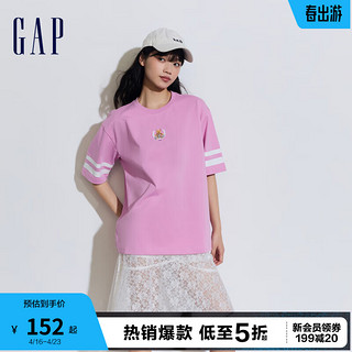 Gap女装2024夏季纯棉小熊logo撞色落肩短袖T恤宽松上衣873958 粉红色 155/76A(XS) 亚洲尺码