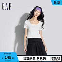 Gap女装2024夏季亲肤柔软logo镂空方领短袖T恤多色上衣890006 米白色 155/76A(XS) 亚洲尺码