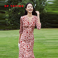 EP YAYING 雅莹 EP雅莹女装 质感丝绒优雅桑蚕丝V领收腰连衣裙 春装商场同款4646A