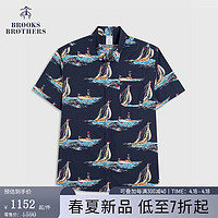 布克兄弟（BrooksBrothers）男士24春夏航海风印花棉质短袖休闲衬衫 9003-藏青色印花 XS