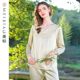 美标 MEIBIAO长袖真丝睡衣套装女春夏19姆米6A级重磅100%桑蚕丝花边家居服 花园空地 M(160/84A)