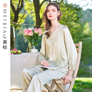 美标 MEIBIAO长袖真丝睡衣套装女春夏19姆米6A级重磅100%桑蚕丝花边家居服 花园空地 M(160/84A)