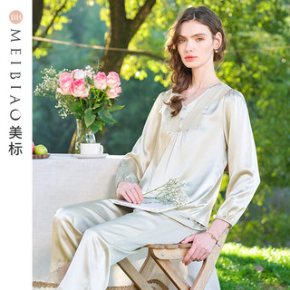 美标 MEIBIAO长袖真丝睡衣套装女春夏19姆米6A级重磅100%桑蚕丝花边家居服 花园空地 M(160/84A)