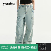 BEASTERBEASTER大口袋刺绣牛仔裤夏纯棉抽绳束脚工装裤 浅蓝色 M