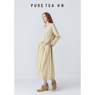 茶·愫【井隅系列】puretea茶愫棉麻收褶A字半身裙女斜插口袋2024夏 浅杏 L