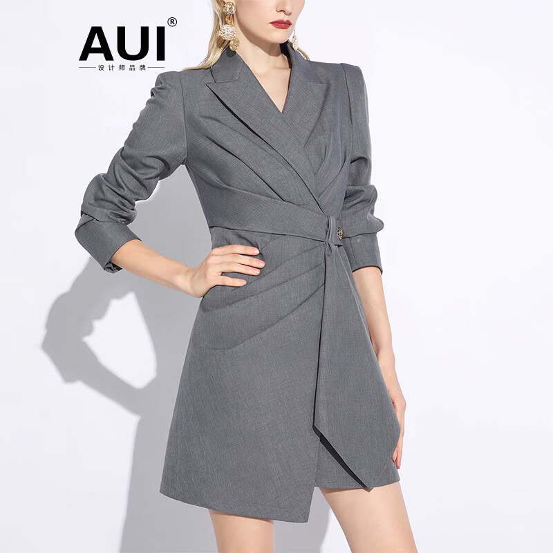 AUI灰色西装外套女2024早春高端职业气质不规则收腰修身小西服 灰色 S