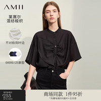 AMII2024夏通勤小立领不对称荷叶边白衬衫女衬衣落肩宽松12422008 黑色 170/92A/XL